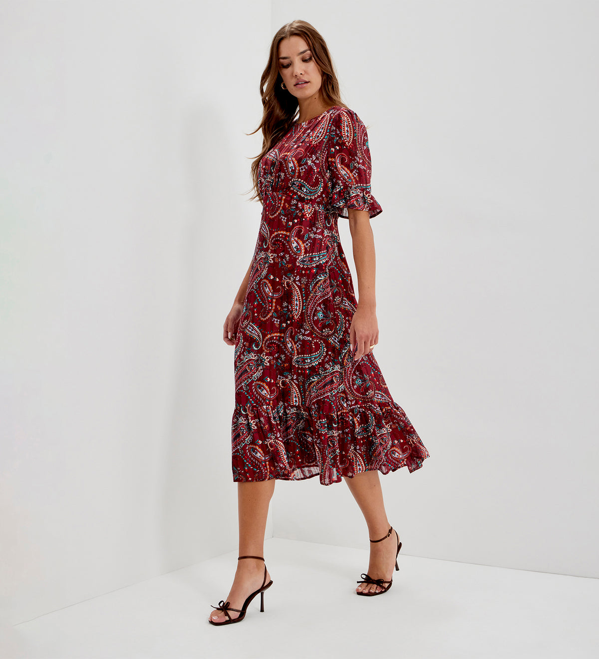 Jennifer Burgundy Paisley Satin Stripe Chiffon Frill Midi Dress