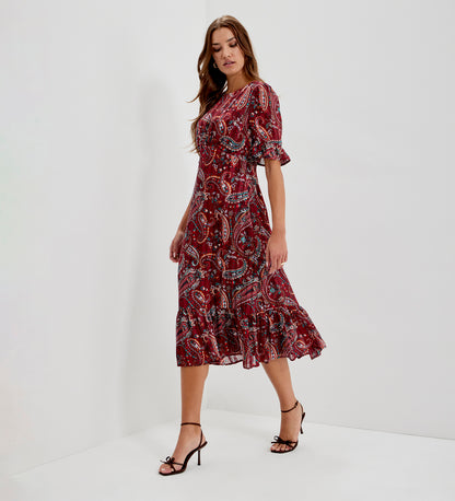 Jennifer Burgundy Paisley Satin Stripe Chiffon Frill Midi Dress