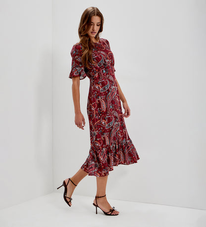 Jennifer Burgundy Paisley Satin Stripe Chiffon Frill Midi Dress