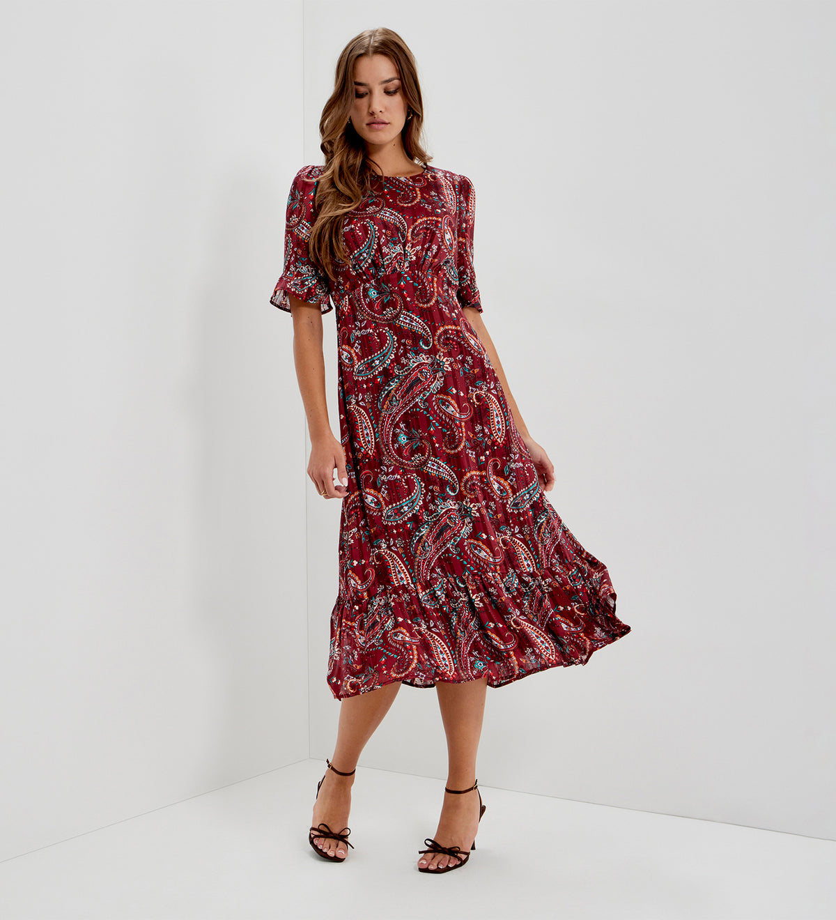 Jennifer Burgundy Paisley Satin Stripe Chiffon Frill Midi Dress