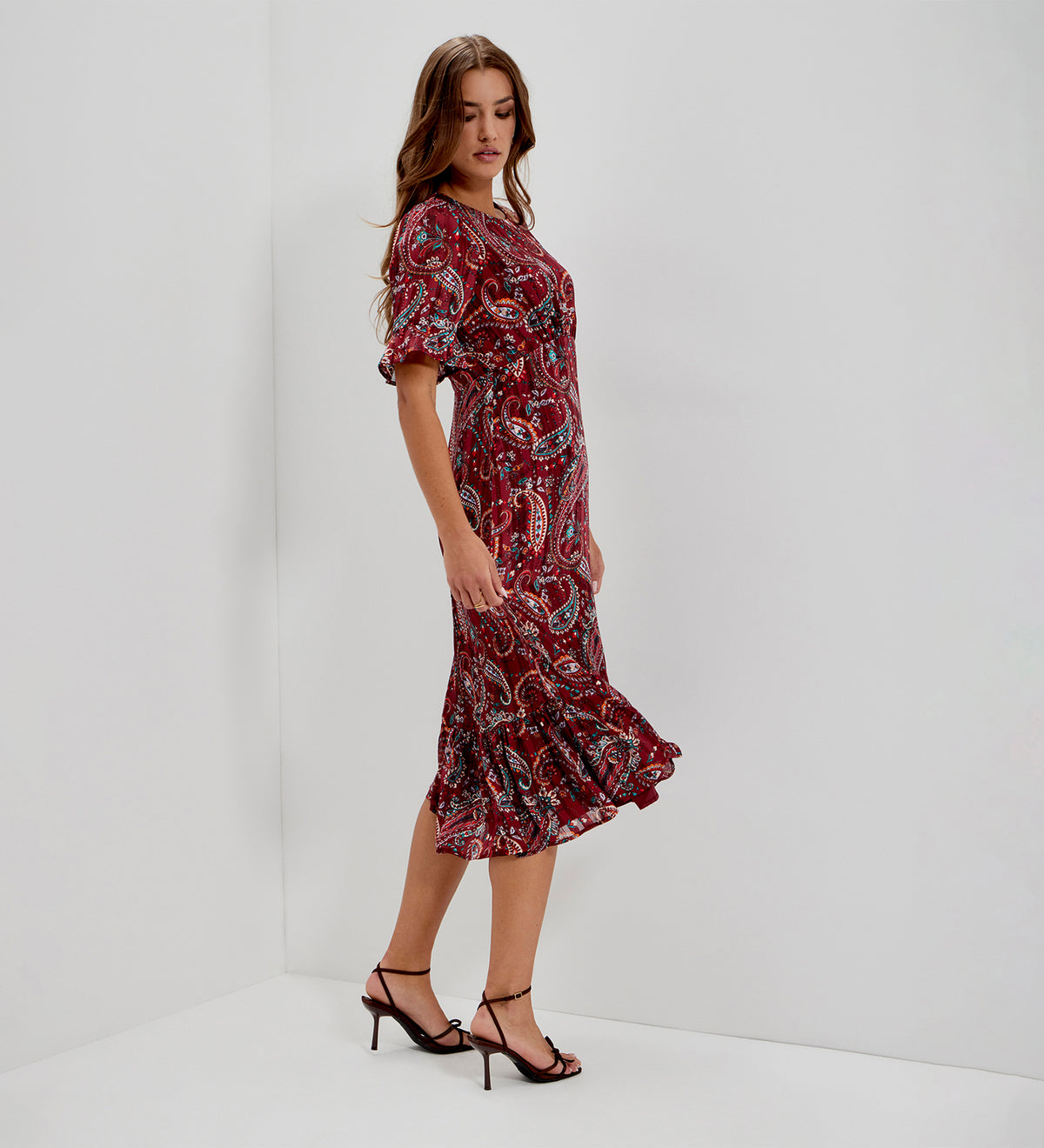 Jennifer Burgundy Paisley Satin Stripe Chiffon Frill Midi Dress