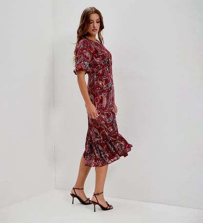 Jennifer Burgundy Paisley Satin Stripe Chiffon Frill Midi Dress