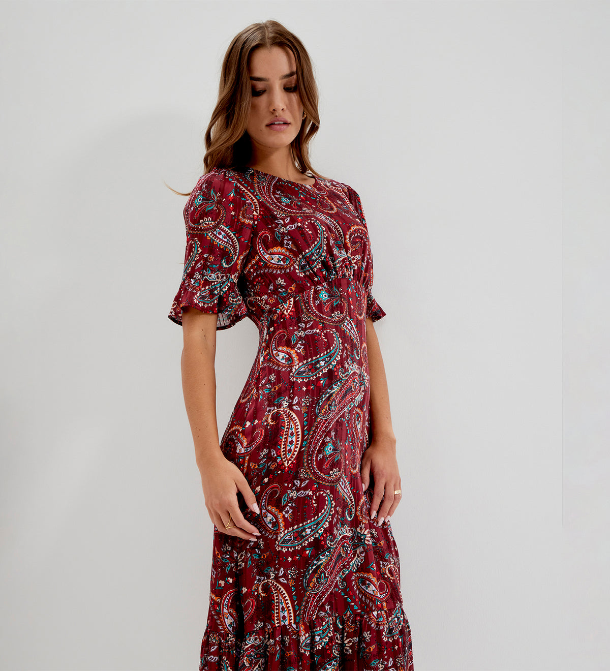 Jennifer Burgundy Paisley Satin Stripe Chiffon Frill Midi Dress