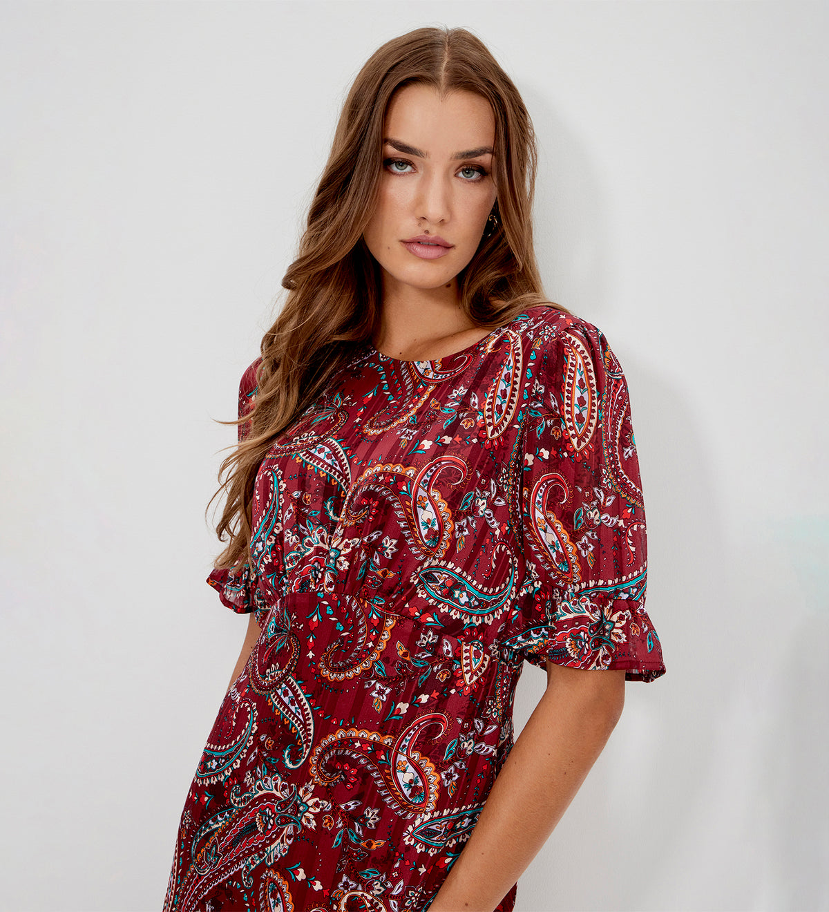 Jennifer Burgundy Paisley Satin Stripe Chiffon Frill Midi Dress