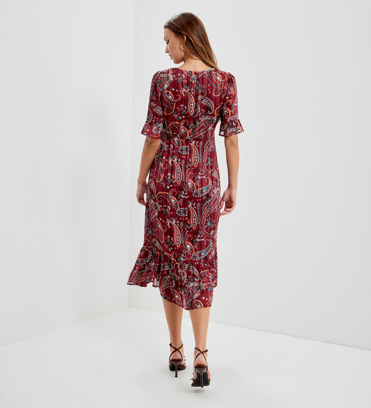 Jennifer Burgundy Paisley Satin Stripe Chiffon Frill Midi Dress