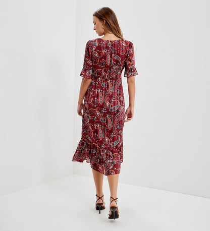 Jennifer Burgundy Paisley Satin Stripe Chiffon Frill Midi Dress