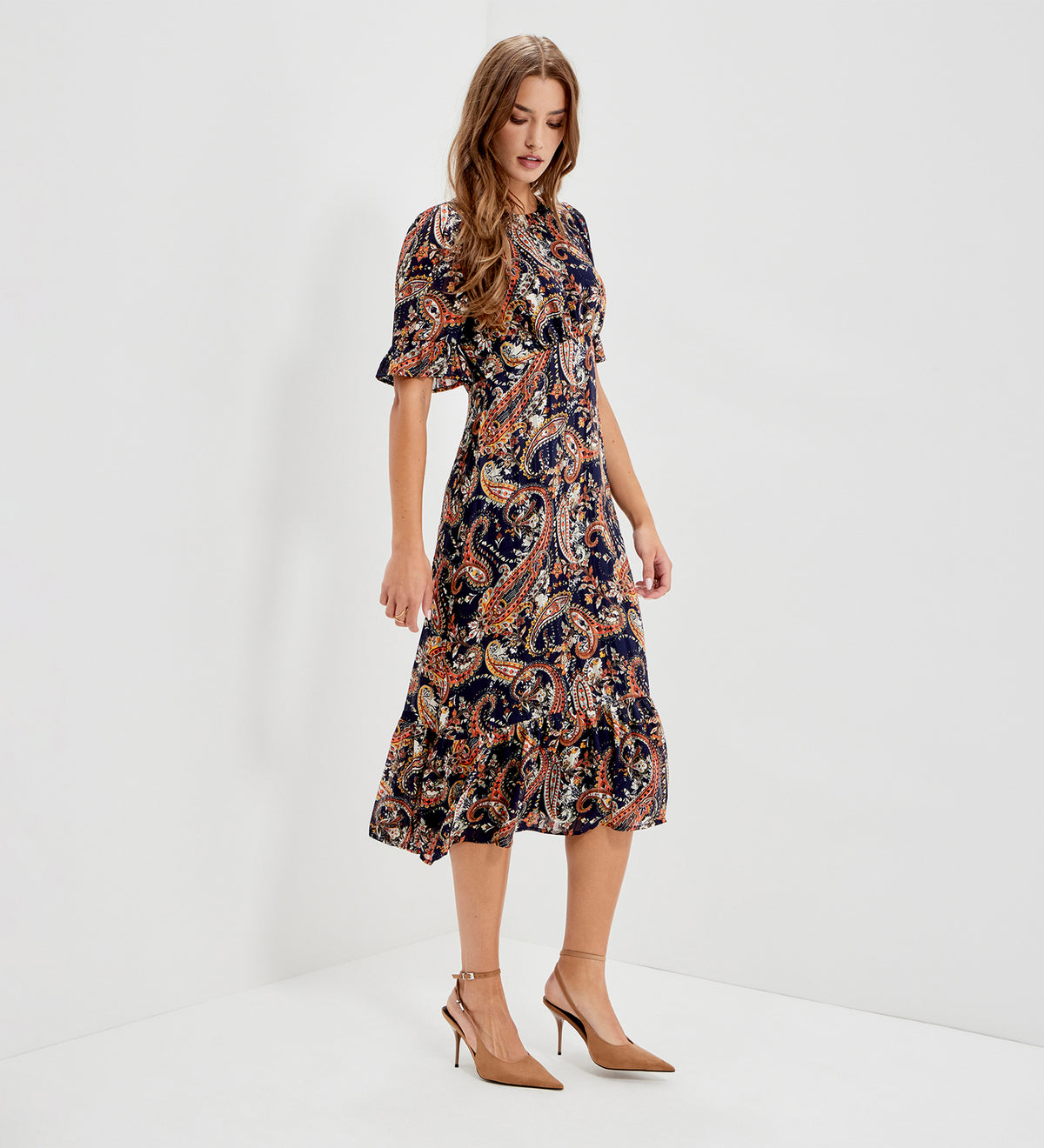 Jennifer Navy Paisley Satin Stripe Chiffon Frill Midi Dress