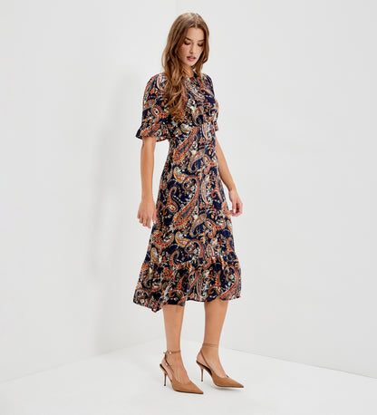 Jennifer Navy Paisley Satin Stripe Chiffon Frill Midi Dress