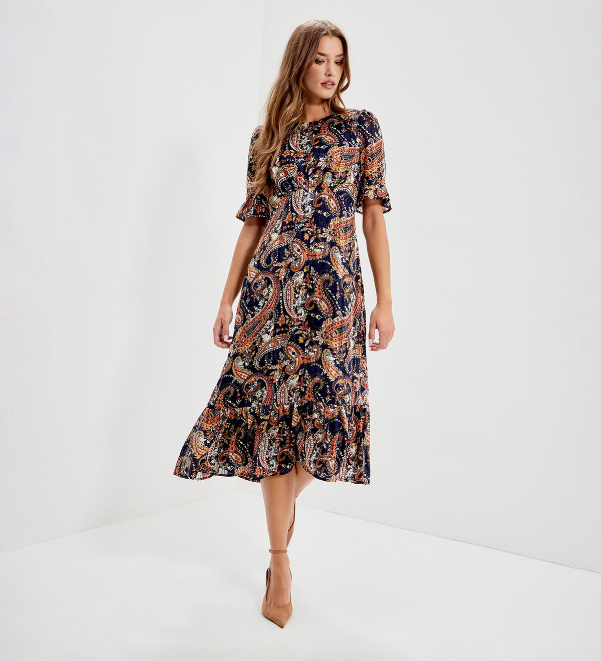 Jennifer Navy Paisley Satin Stripe Chiffon Frill Midi Dress