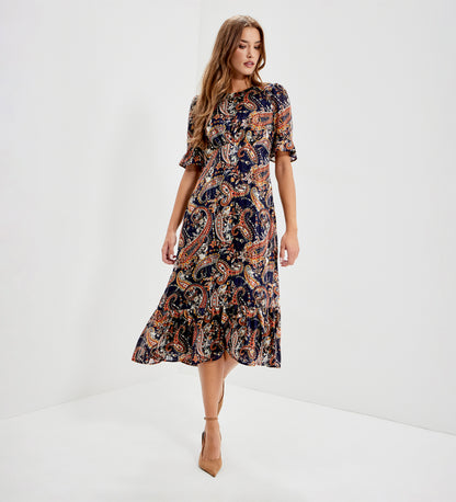 Jennifer Navy Paisley Satin Stripe Chiffon Frill Midi Dress