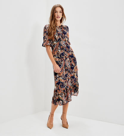 Jennifer Navy Paisley Satin Stripe Chiffon Frill Midi Dress