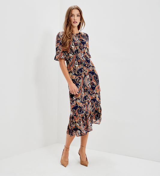 Jennifer Navy Paisley Satin Stripe Chiffon Frill Midi Dress