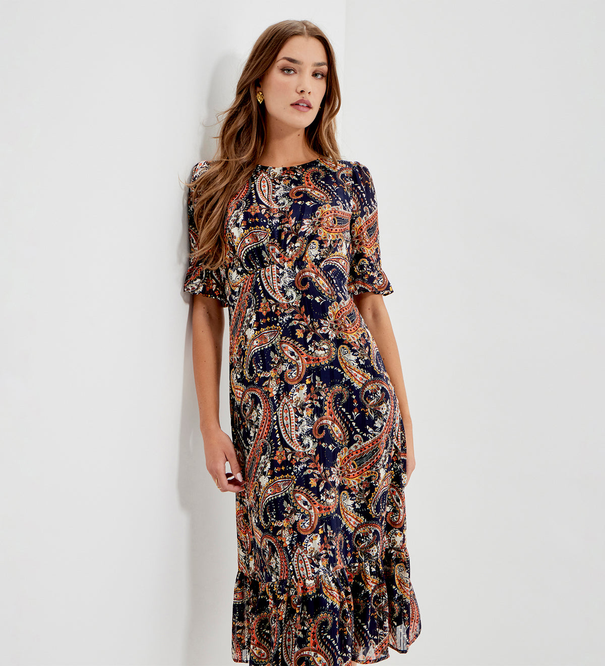 Jennifer Navy Paisley Satin Stripe Chiffon Frill Midi Dress