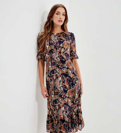 Jennifer Navy Paisley Satin Stripe Chiffon Frill Midi Dress