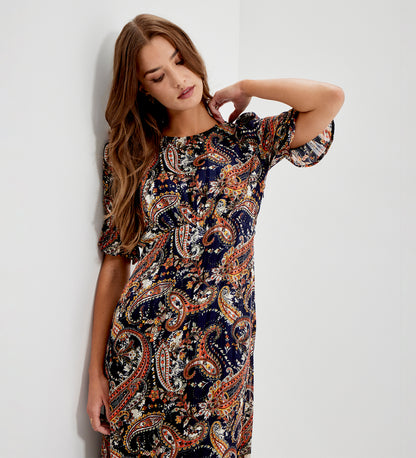 Jennifer Navy Paisley Satin Stripe Chiffon Frill Midi Dress