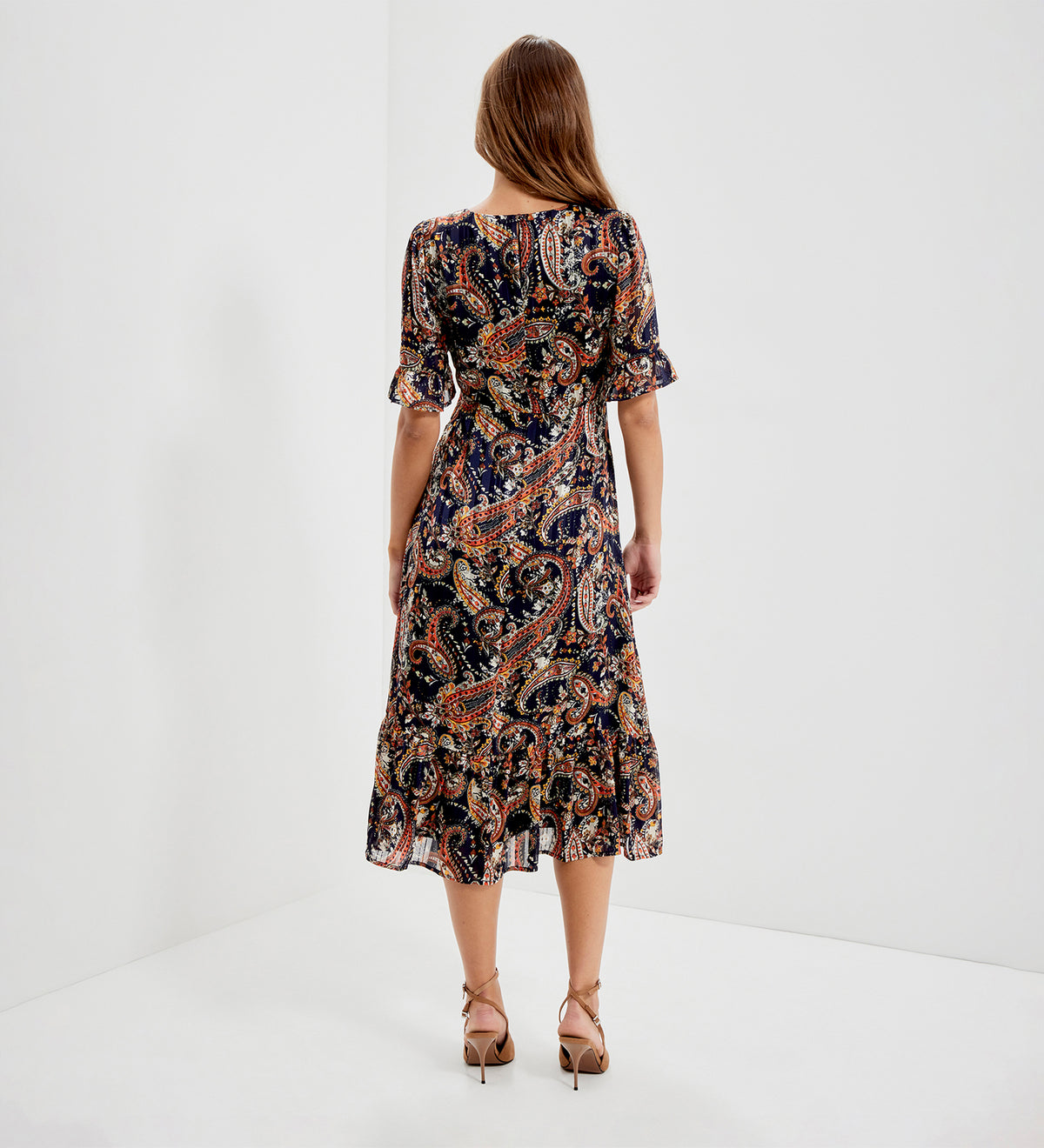 Jennifer Navy Paisley Satin Stripe Chiffon Frill Midi Dress