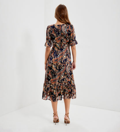 Jennifer Navy Paisley Satin Stripe Chiffon Frill Midi Dress
