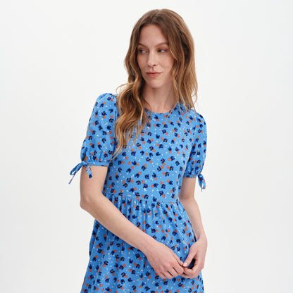 Jessa Blue Ditsy Puff Sleeve Midi Tiered Dress