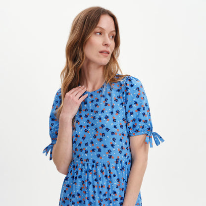 Jessa Blue Ditsy Puff Sleeve Midi Tiered Dress