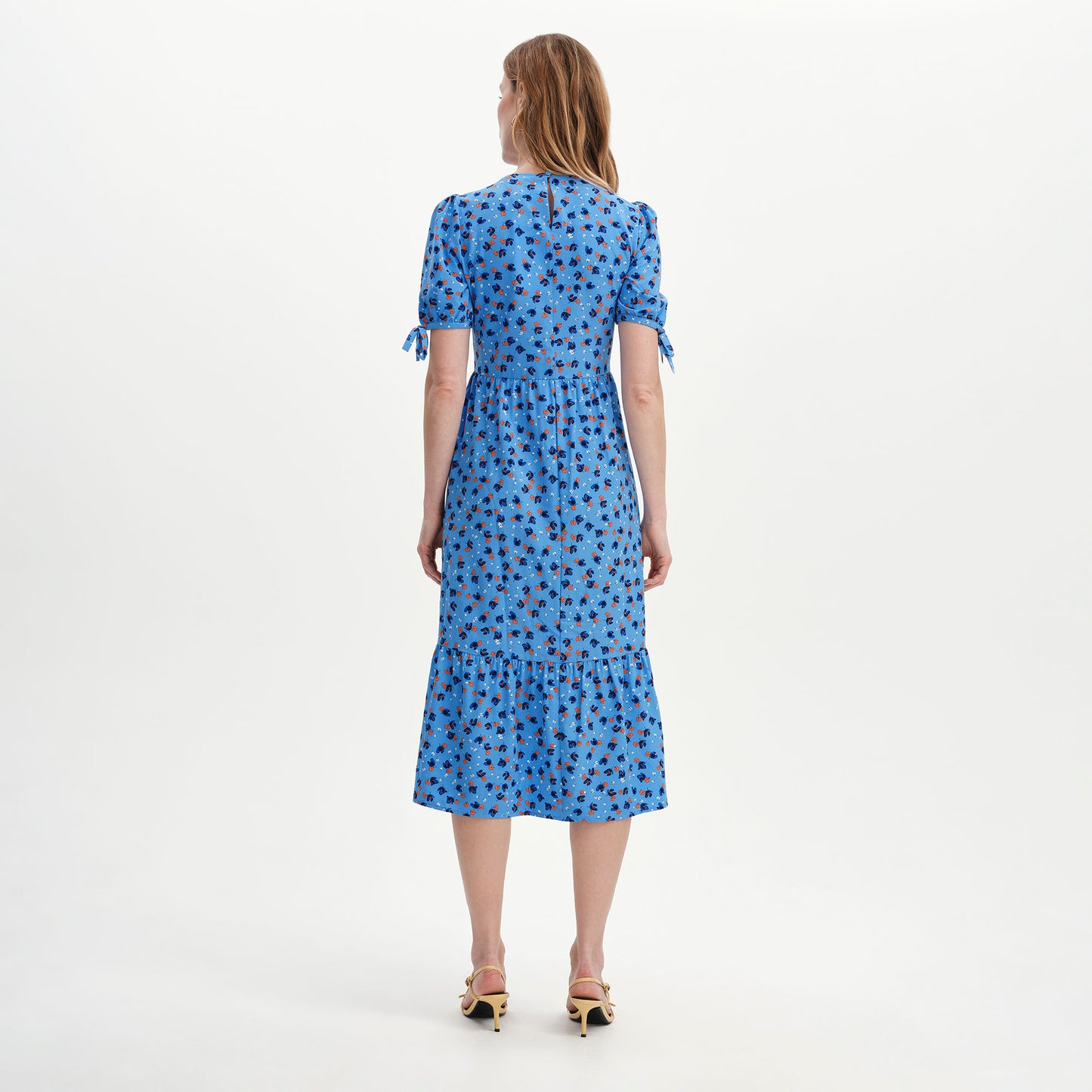 Jessa Blue Ditsy Puff Sleeve Midi Tiered Dress