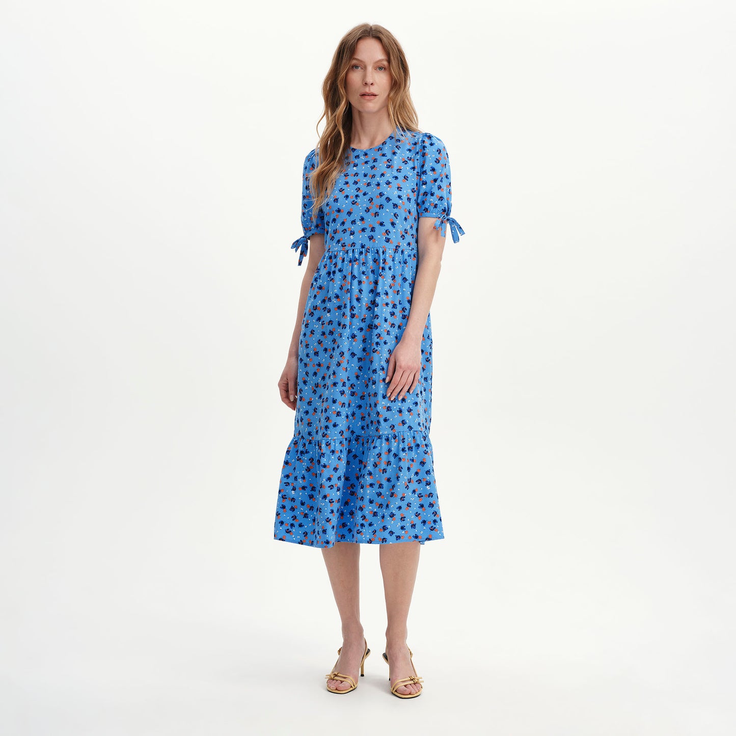 Jessa Blue Ditsy Puff Sleeve Midi Tiered Dress