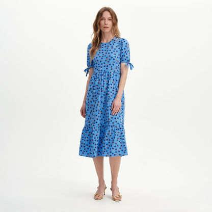 Jessa Blue Ditsy Puff Sleeve Midi Tiered Dress
