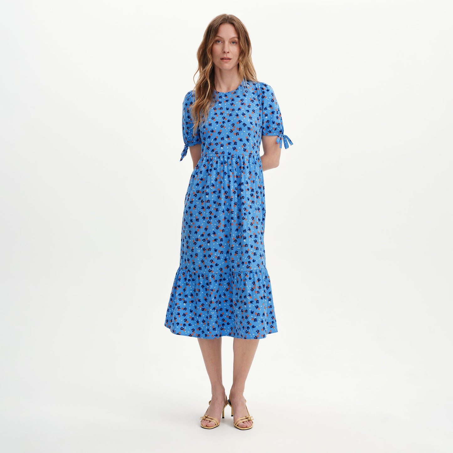 Jessa Blue Ditsy Puff Sleeve Midi Tiered Dress