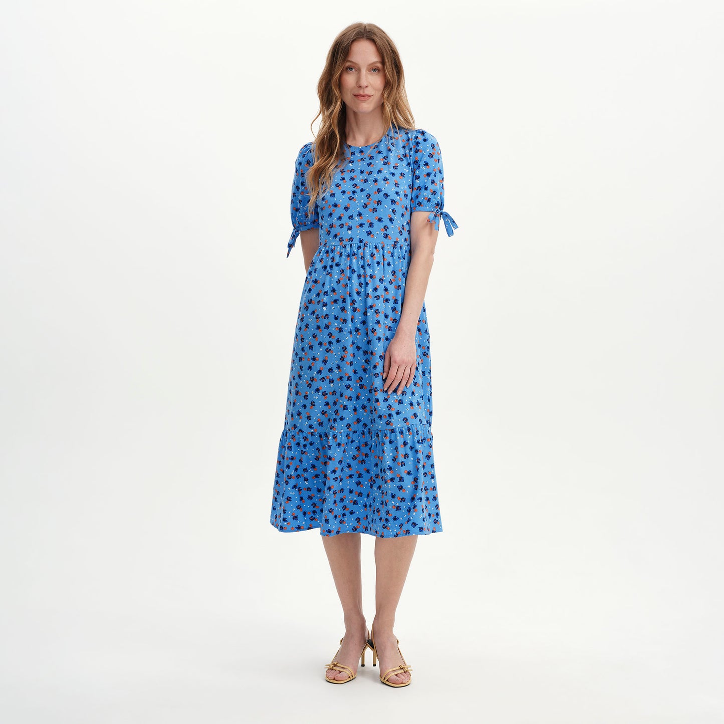 Jessa Blue Ditsy Puff Sleeve Midi Tiered Dress