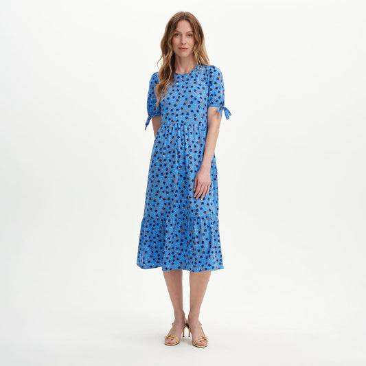 Jessa Blue Ditsy Puff Sleeve Midi Tiered Dress