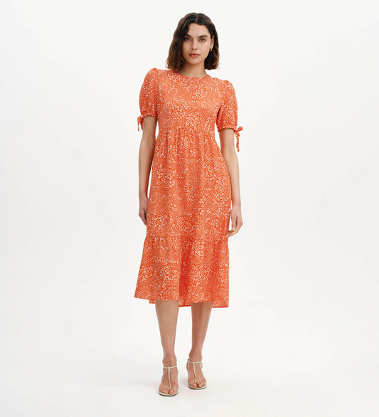 Jessa Red Flower Puff Sleeve Midi Tiered Dress