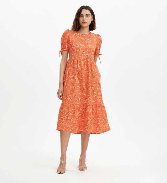 Jessa Red Flower Puff Sleeve Midi Tiered Dress
