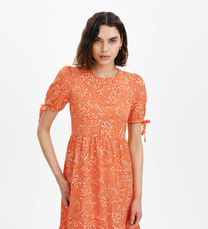 Jessa Red Flower Puff Sleeve Midi Tiered Dress