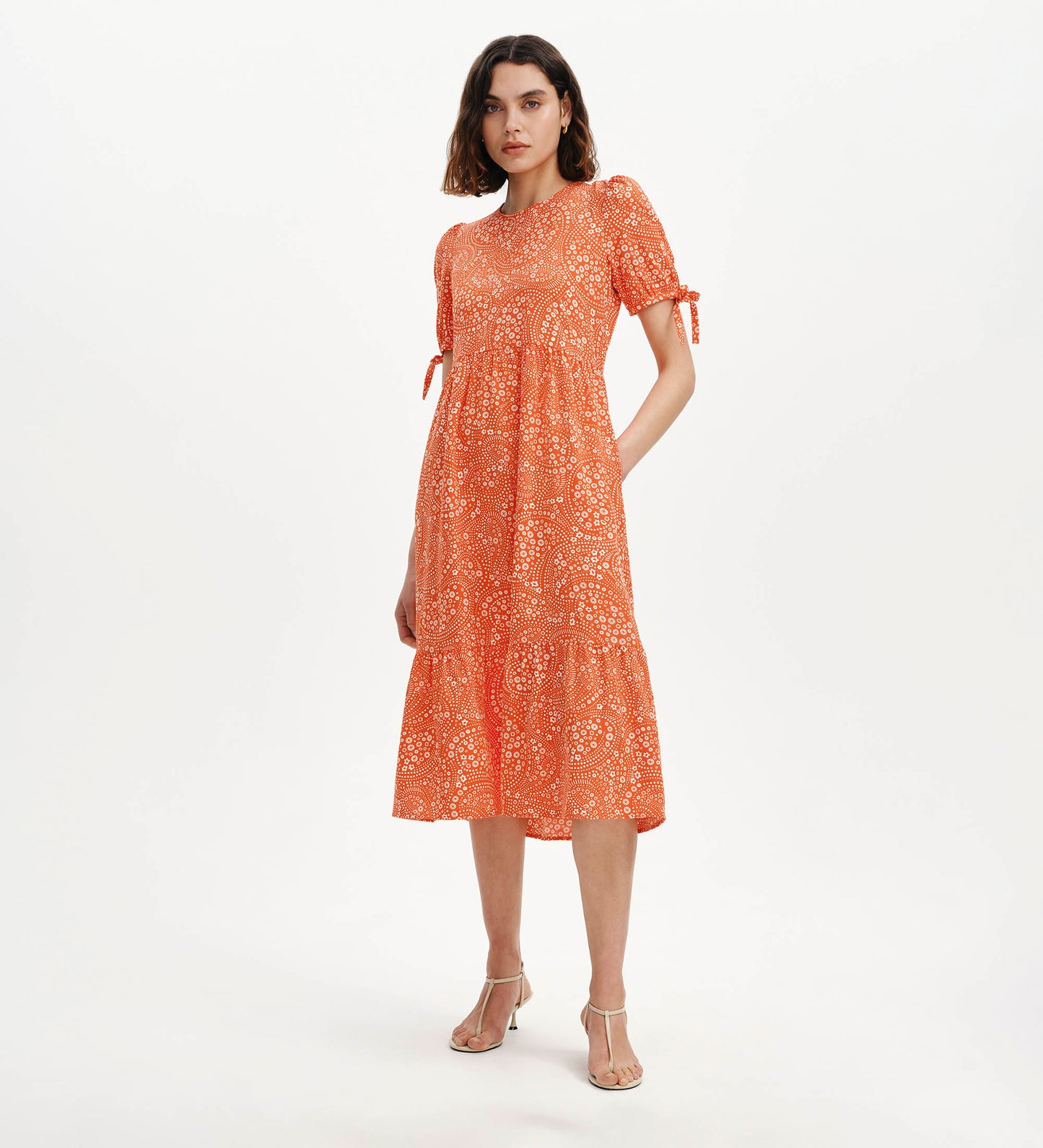 Jessa Red Flower Puff Sleeve Midi Tiered Dress