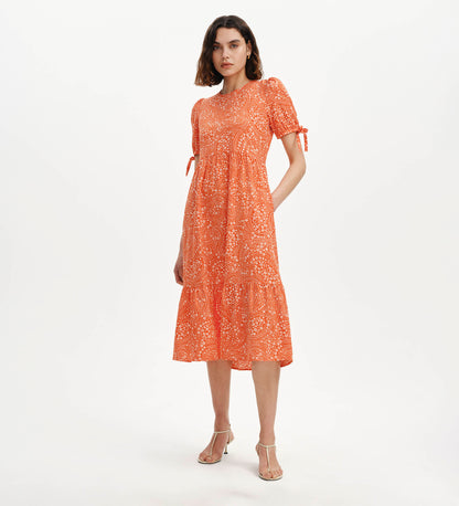 Jessa Red Flower Puff Sleeve Midi Tiered Dress