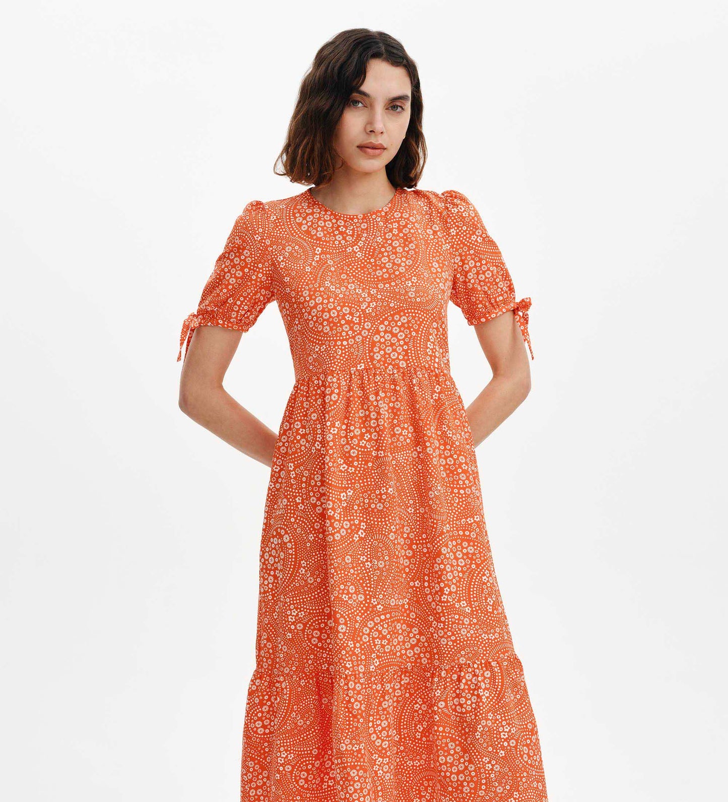 Jessa Red Flower Puff Sleeve Midi Tiered Dress