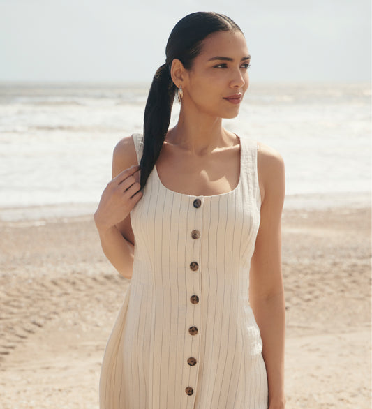 Jillian Beige Stripe Square Neck Sleeveless Button-Through Midi Dress