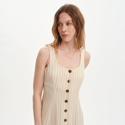 Jillian Beige Stripe Square Neck Sleeveless Button-Through Midi Dress