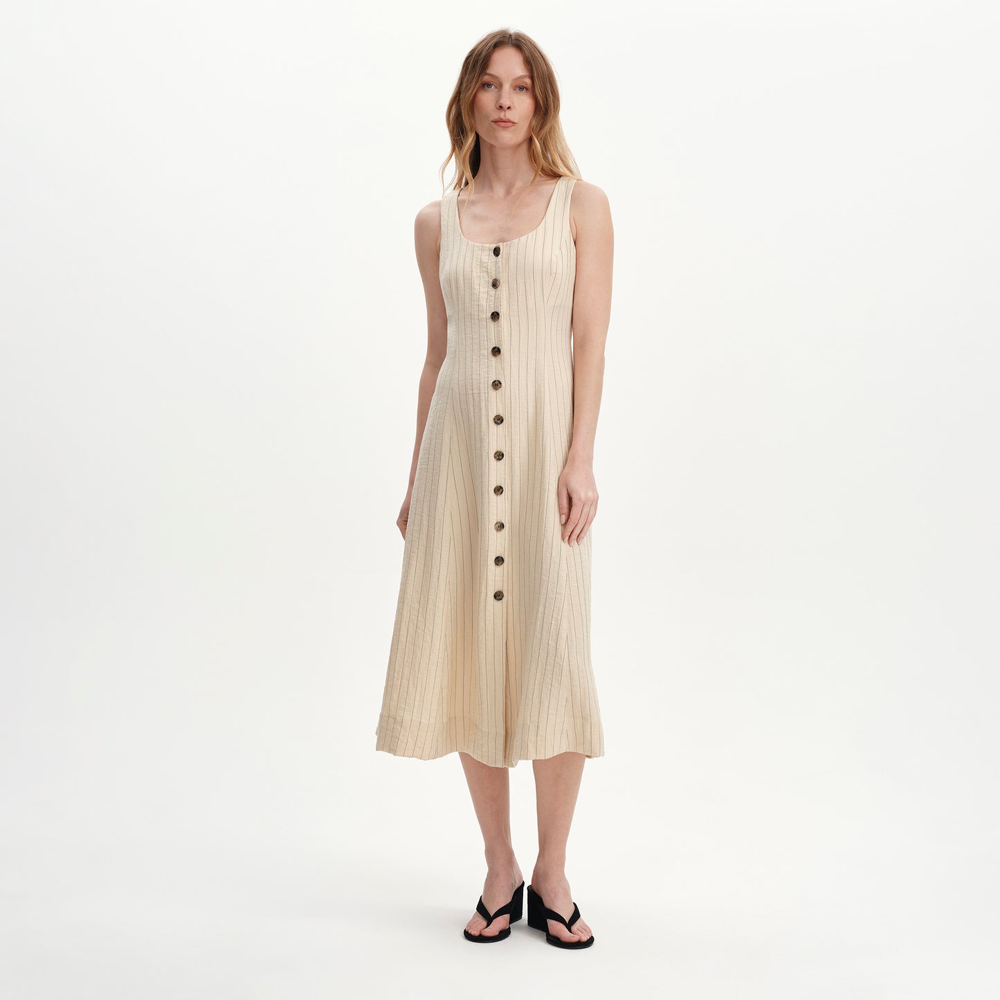 Jillian Beige Stripe Square Neck Sleeveless Button-Through Midi Dress