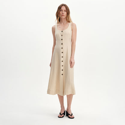 Jillian Beige Stripe Square Neck Sleeveless Button-Through Midi Dress