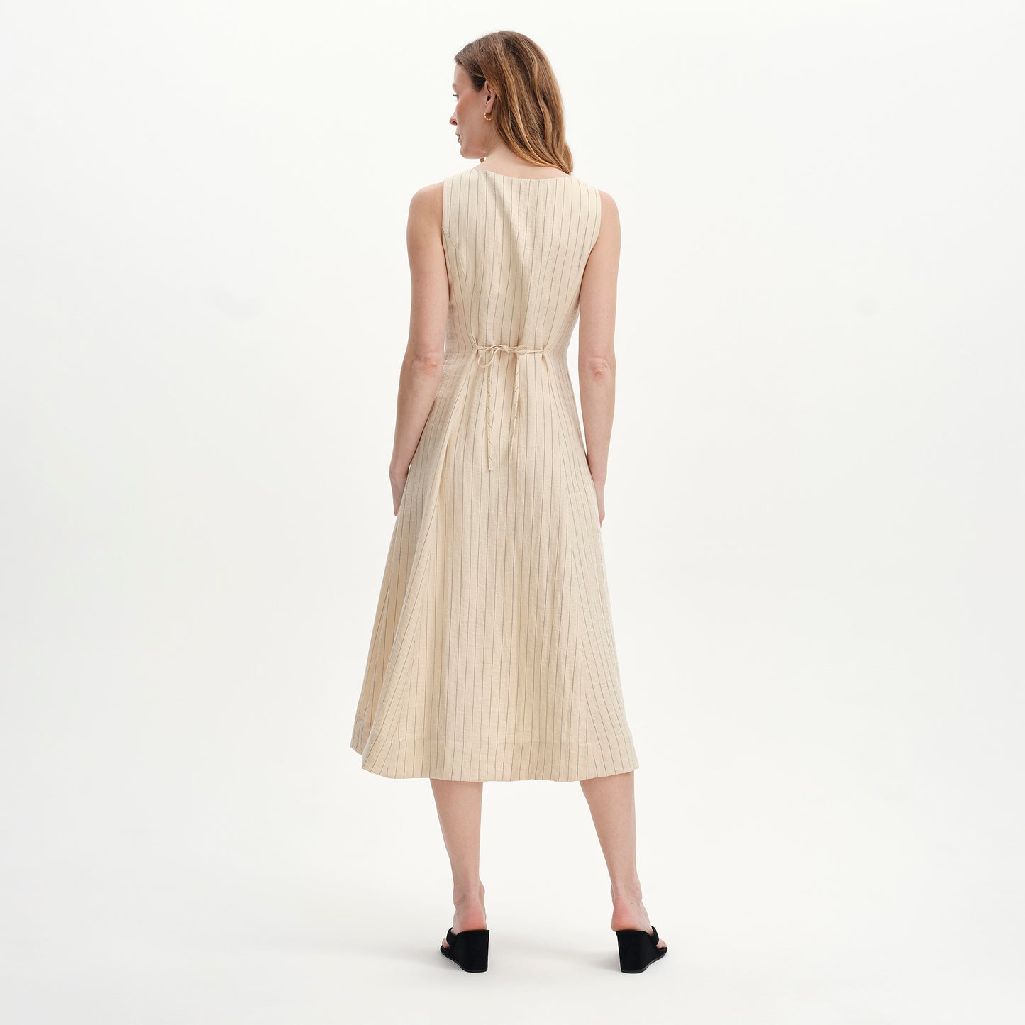 Jillian Beige Stripe Square Neck Sleeveless Button-Through Midi Dress