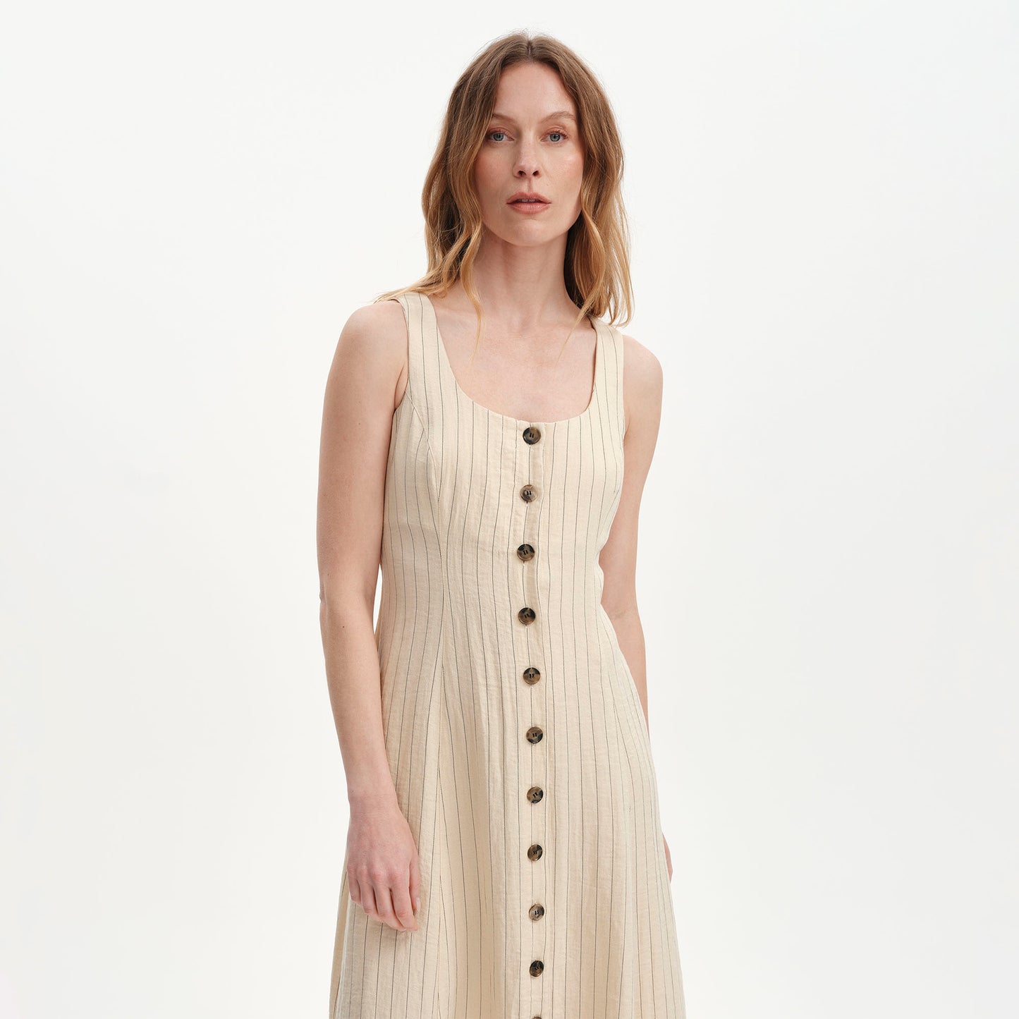 Jillian Beige Stripe Square Neck Sleeveless Button-Through Midi Dress