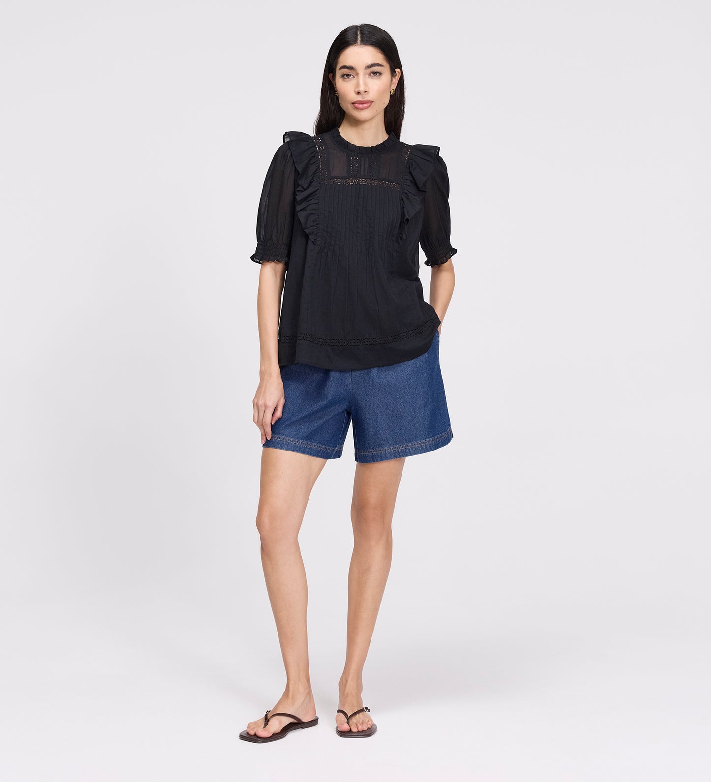 Jolin Black Lace Cotton Puff Sleeve Top