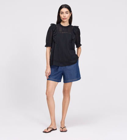 Jolin Black Lace Cotton Puff Sleeve Top