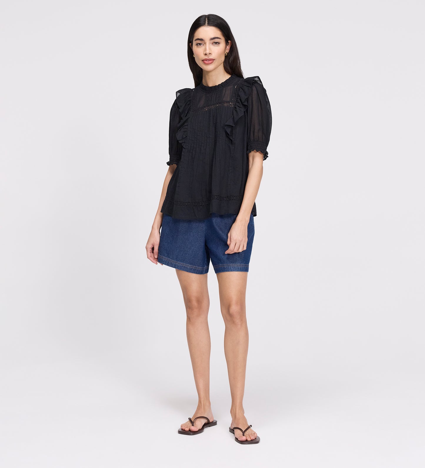 Jolin Black Lace Cotton Puff Sleeve Top