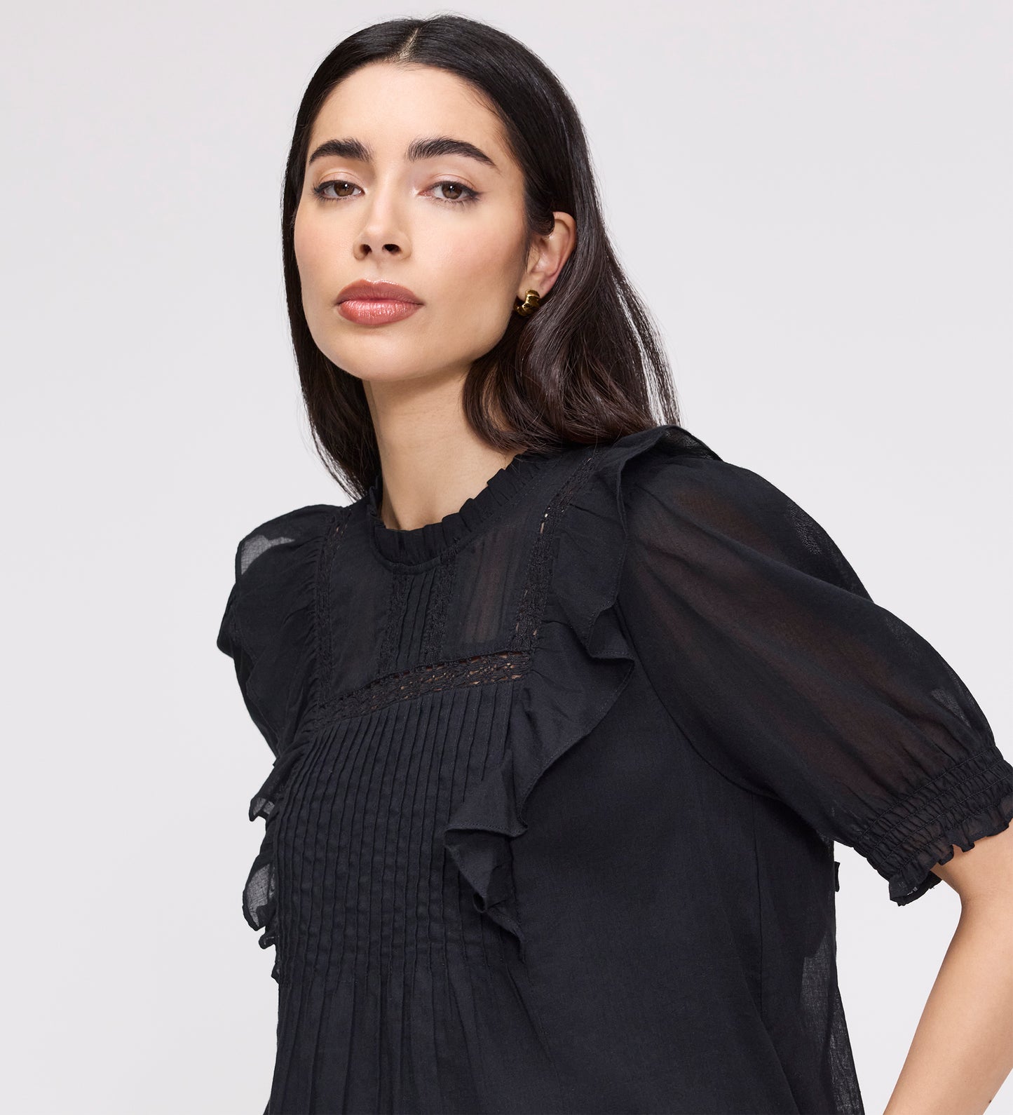 Jolin Black Lace Cotton Puff Sleeve Top