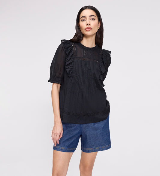Jolin Black Lace Cotton Puff Sleeve Top