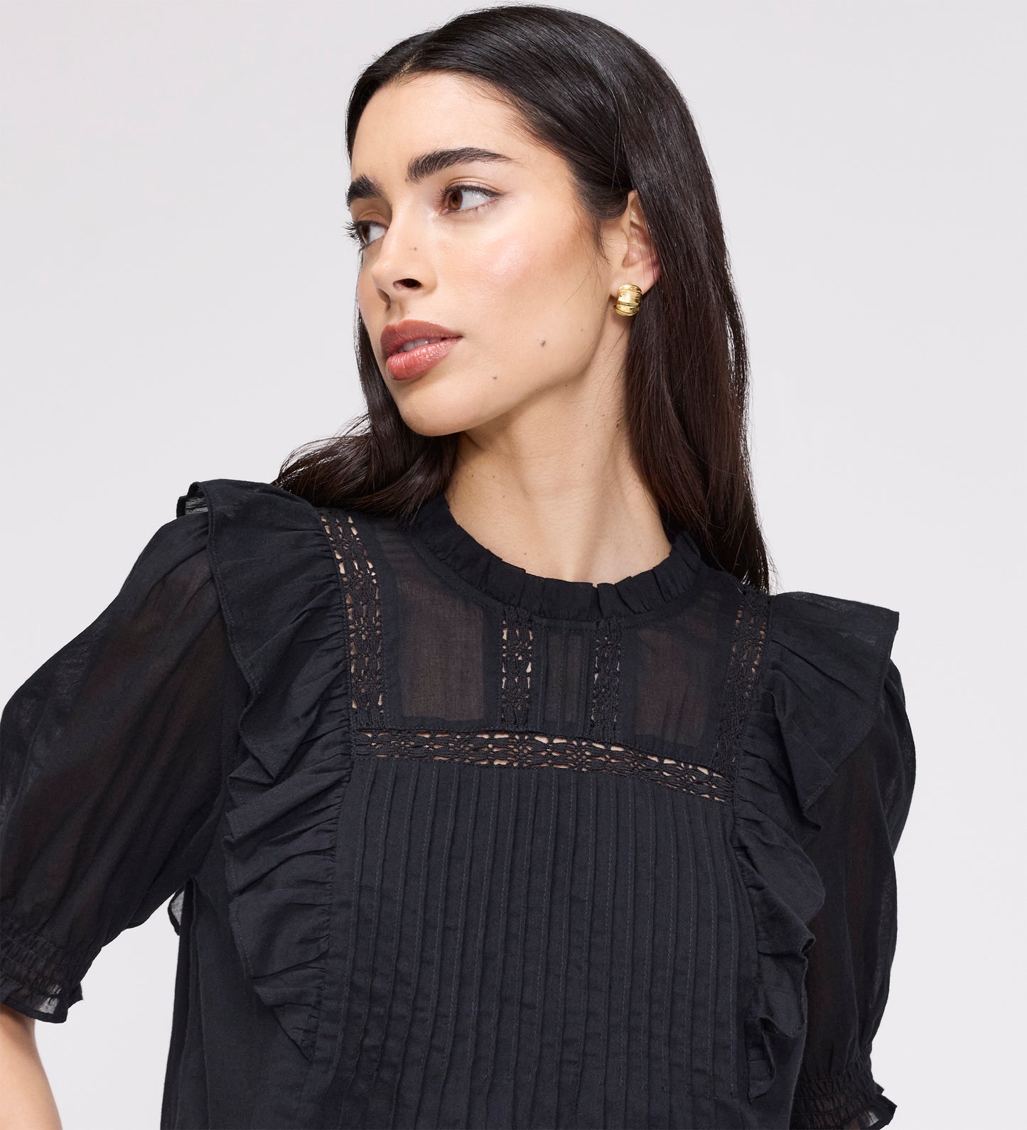 Jolin Black Lace Cotton Puff Sleeve Top