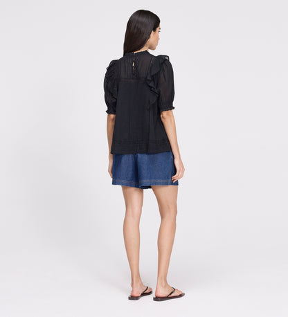 Jolin Black Lace Cotton Puff Sleeve Top