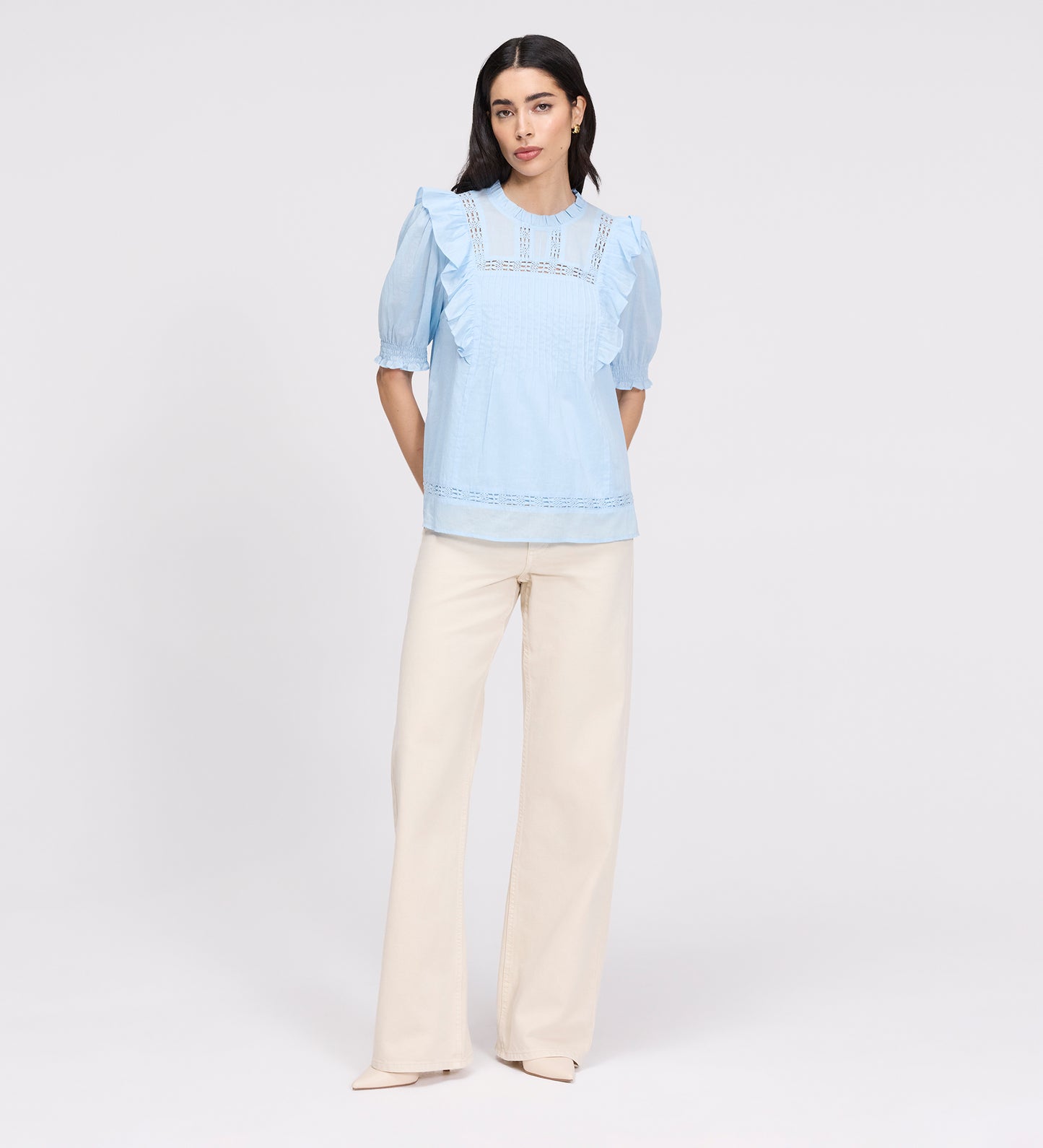 Jolin Pale Blue Lace Cotton Puff Sleeve Top