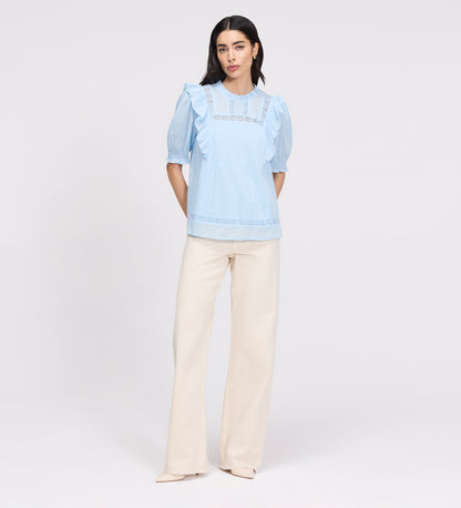 Jolin Pale Blue Lace Cotton Puff Sleeve Top
